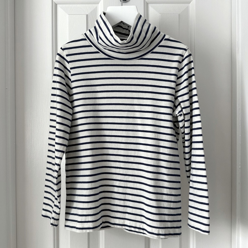 Mini Boden Striped Mock Turtleneck Shirt, Navy